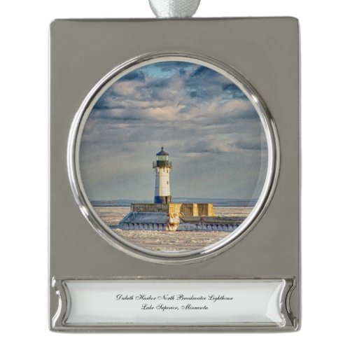 Duluth Harbor North Breakwater Lighthouse Silver Plated Banner Ornament