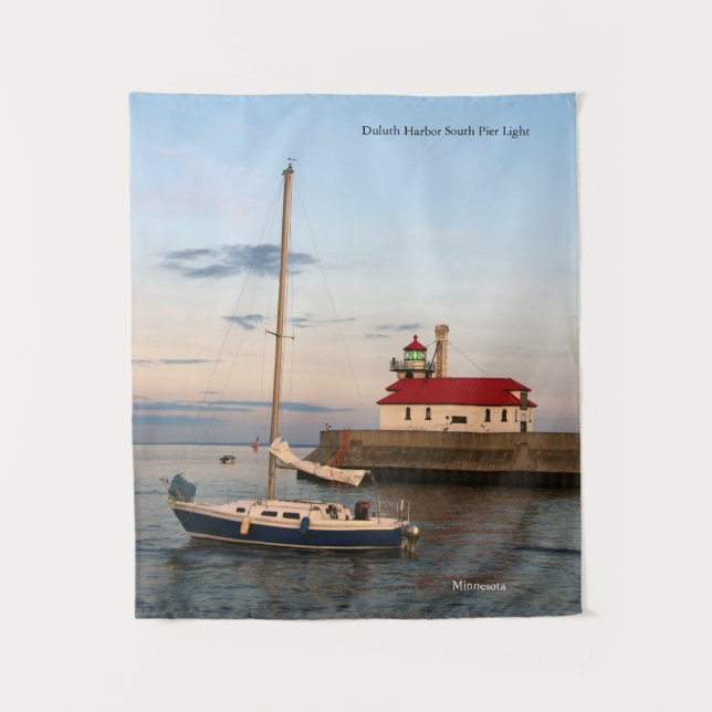 Duluth Harbor North Pier Light & Boat tapestry (Front)