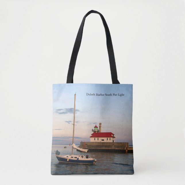 Duluth Harbor South Pier Light & Boat tote bag (Front)