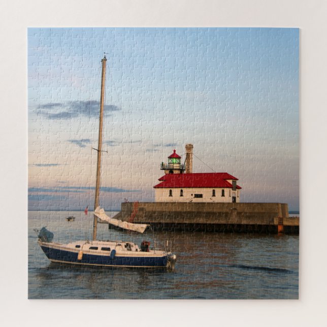Duluth Harbor South Pier Light & Sailboat Jigsaw Puzzle (Vertical)