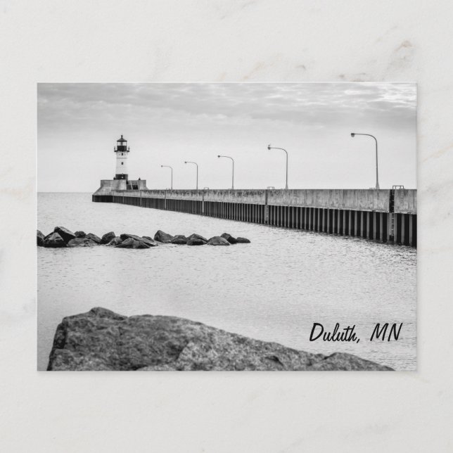 Duluth, MN lighthouse black and white postcard (Front)