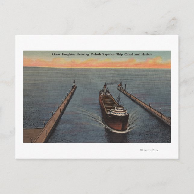 Duluth, MN - View of Freighter Entering Ship Postcard (Front)