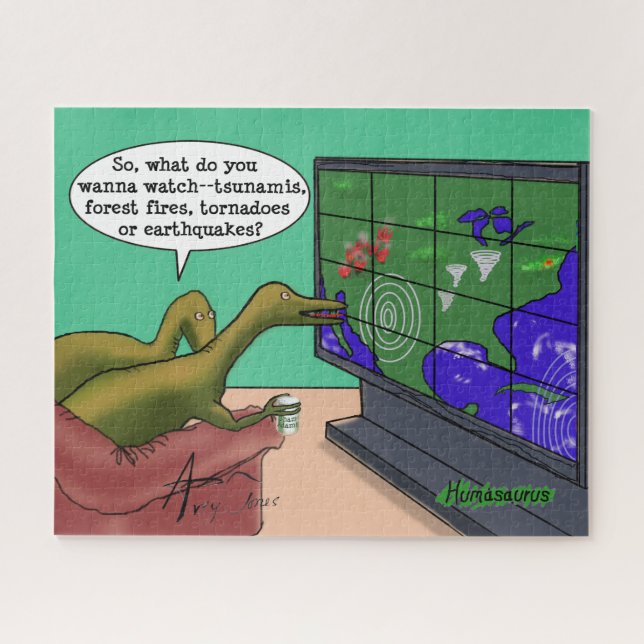 Dumb Dinosaurs Watch Signs of Climate Change on TV Jigsaw Puzzle (Horizontal)