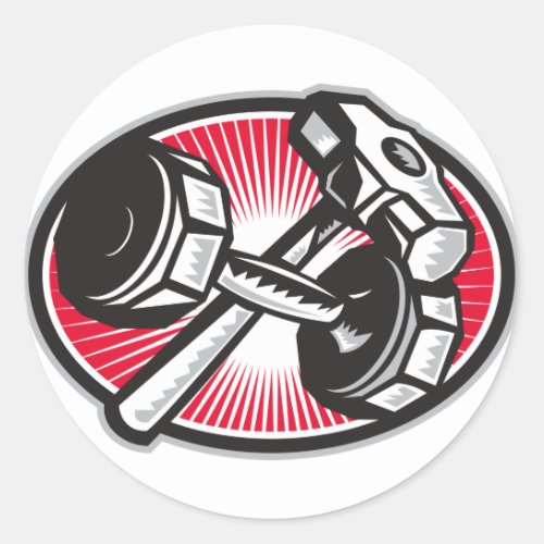 Dumbbell and Sledgehammer Retro Classic Round Sticker
