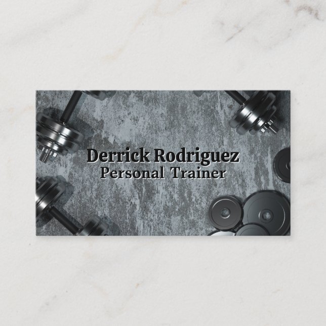 Dumbbells on Concrete Background Business Card (Front)
