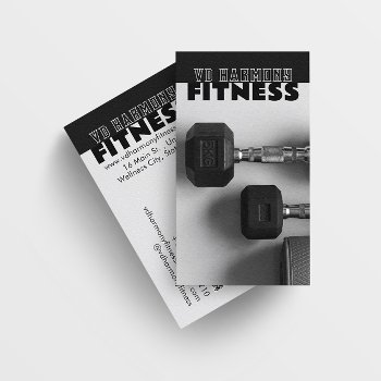 Dumbells Fitness Black White Business Card by irisblossomdesigns at Zazzle