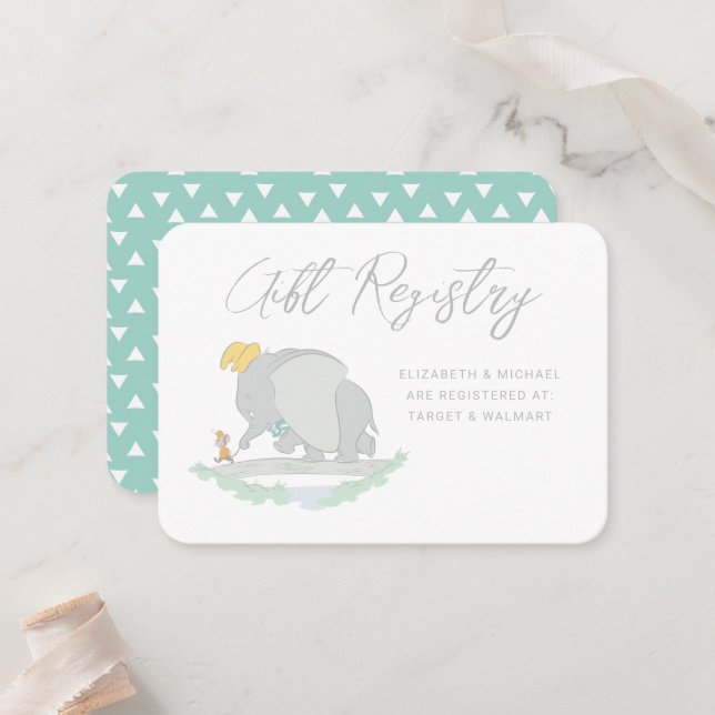 Dumbo and Timothy Q. Baby Shower Gift Registry Place Card (Front/Back In Situ)