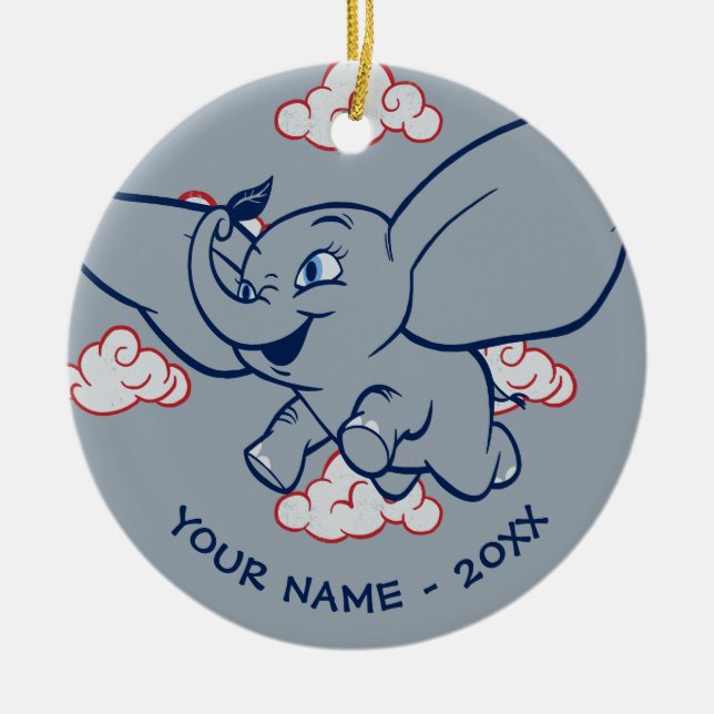 Dumbo | Cartoon Dumbo Flying With Feather Ceramic Ornament (Front)