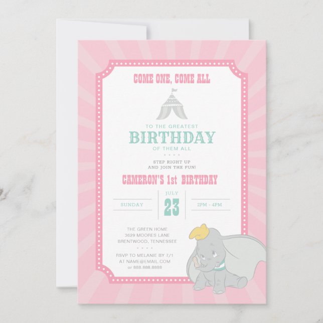 Dumbo | Come One, Come All - Pink Birthday Circus Invitation (Front)