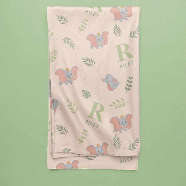 Dumbo Pastel Woodland Custom Name and Initial  Fleece Blanket (Blanket folded on green background)
