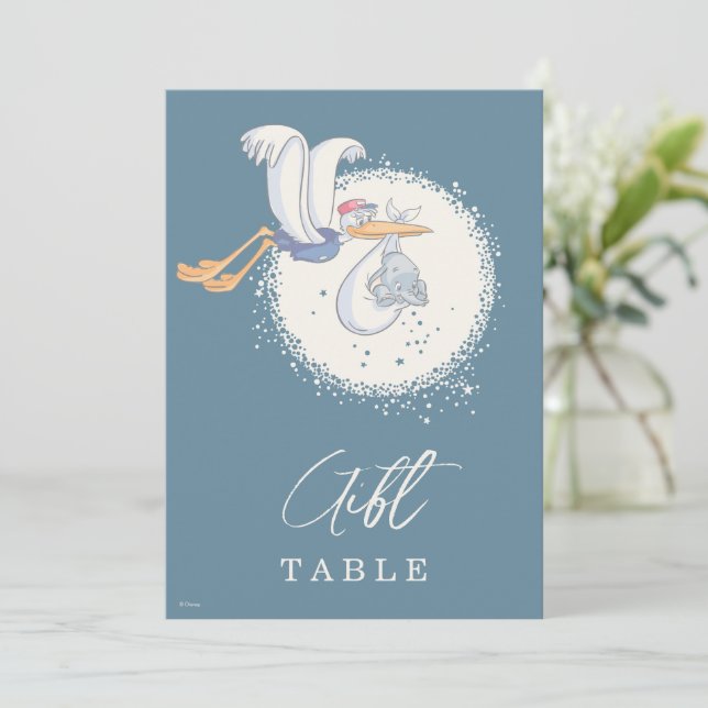 Dumbo & Stork Over the Moon Baby Shower Gift Table Note Card (Standing Front)