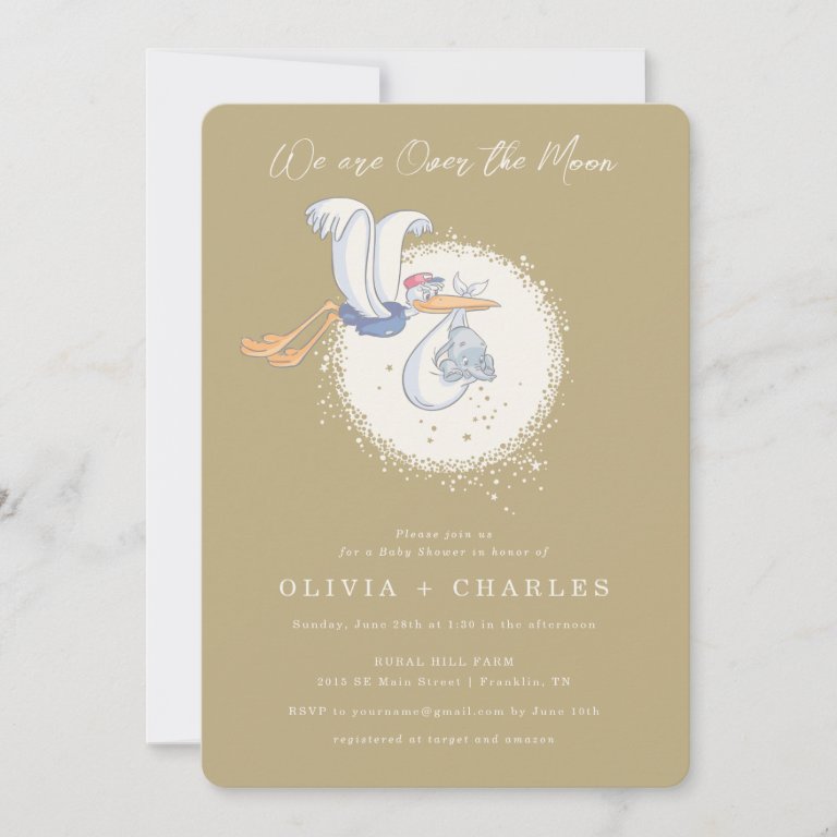 Dumbo &amp; Stork | Over the Moon - Baby Shower Invitation