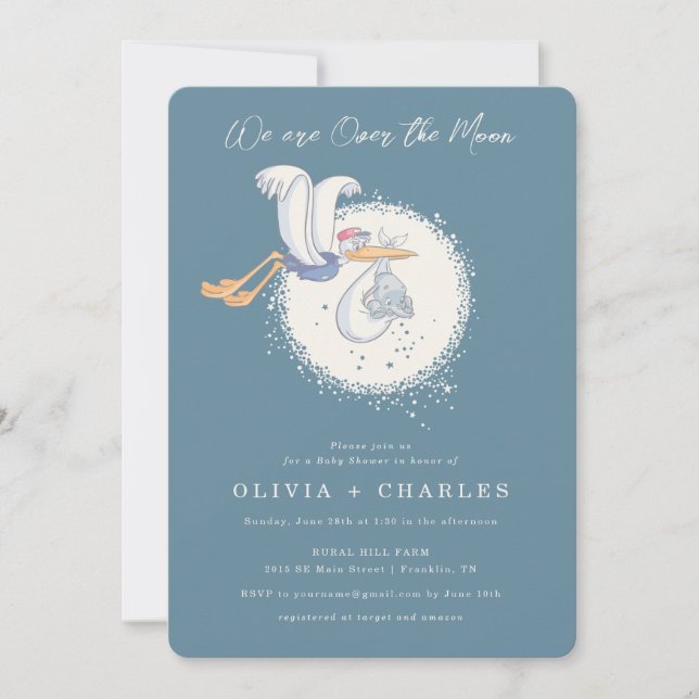 Dumbo & Stork | Over the Moon - Boy Baby Shower Invitation (Front)
