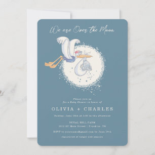Dumbo & Stork Over the Moon - Boy Baby Shower Invitation