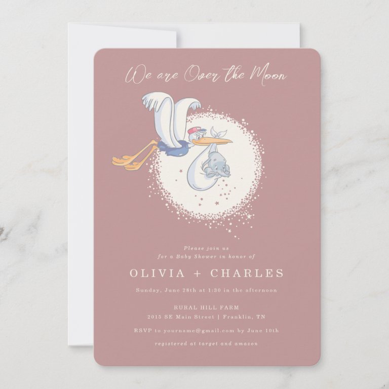 Dumbo &amp; Stork | Over the Moon - Girl Baby Shower Invitation