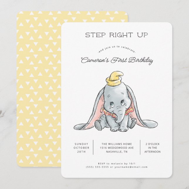 Dumbo Watercolor 1st Birthday Invitation (Front/Back)
