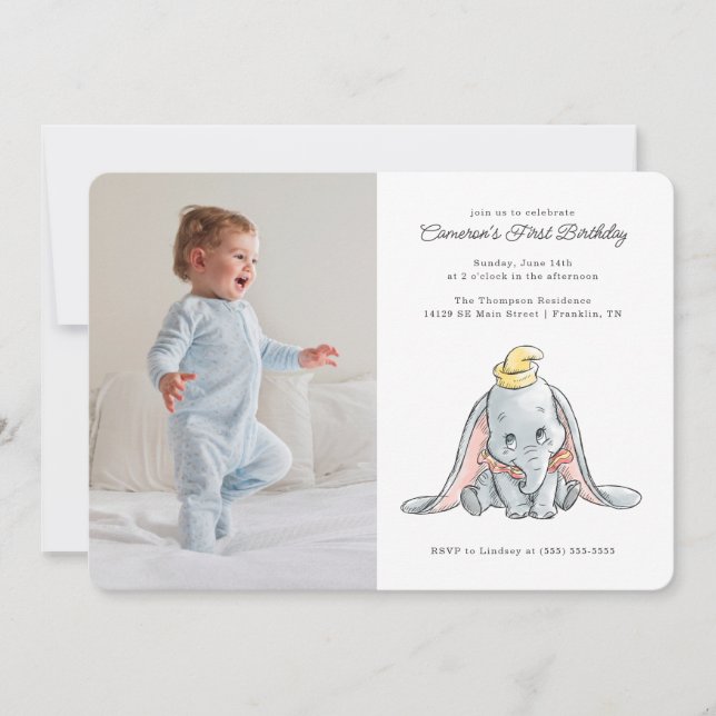 Dumbo Watercolor 1st Birthday Invitation (Front)