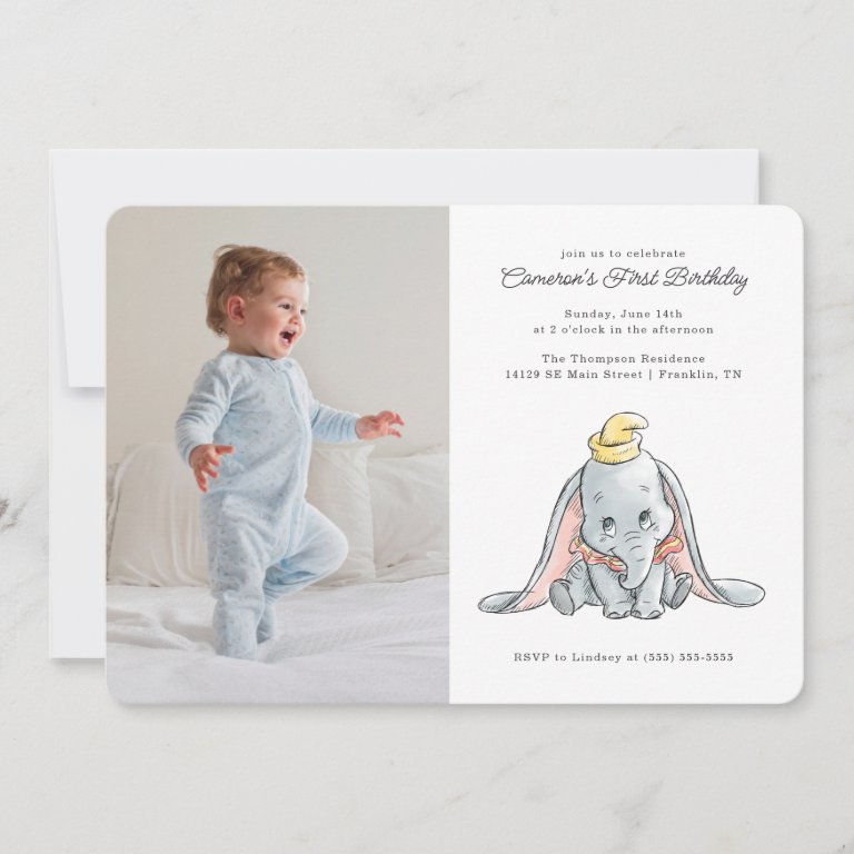 Dumbo Watercolor 1st Birthday Invitation