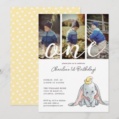 Dumbo Watercolor 1st Birthday | Photo Collage Invitation
