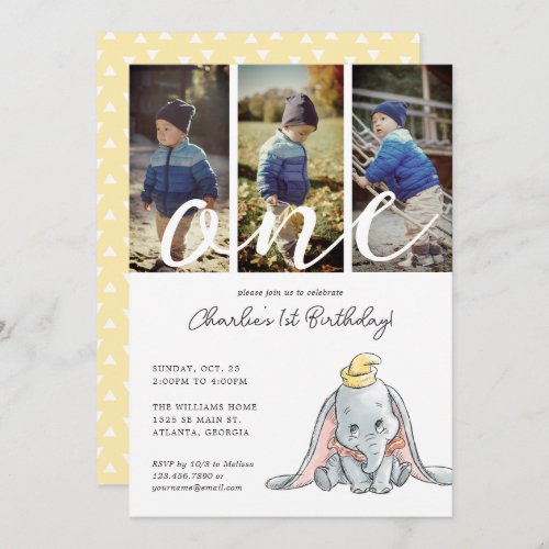 Dumbo Watercolor 1st Birthday  Photo Collage Invitation