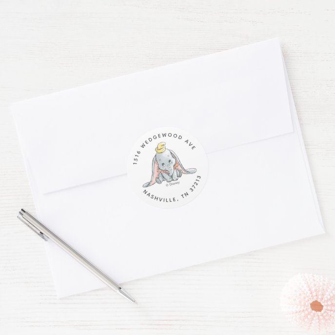 Dumbo Watercolor Baby Shower Address Classic Round Sticker