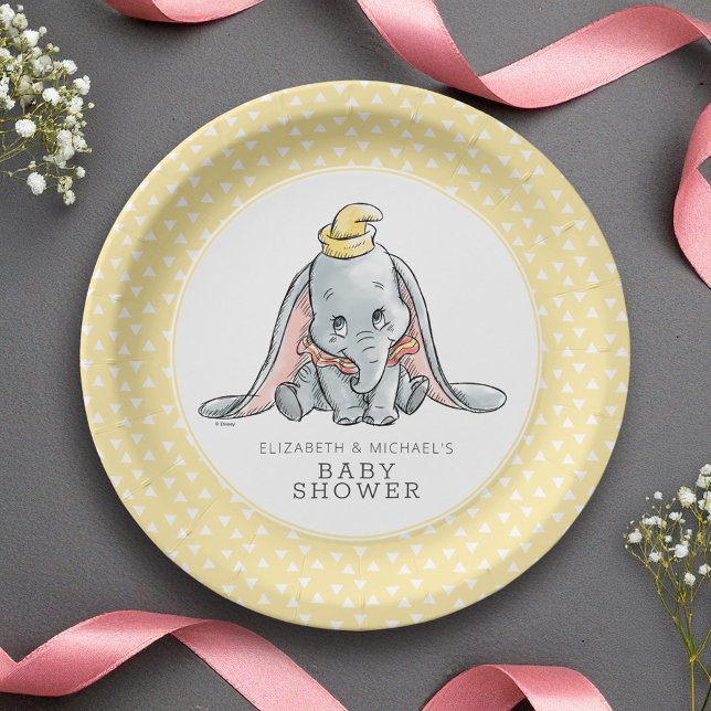 Dumbo Watercolor Baby Shower Paper Plates (Plate on table)