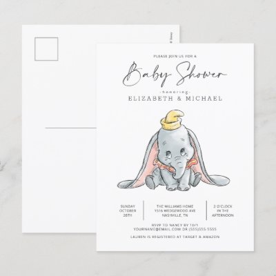 Dumbo Watercolor Baby Shower Postcard