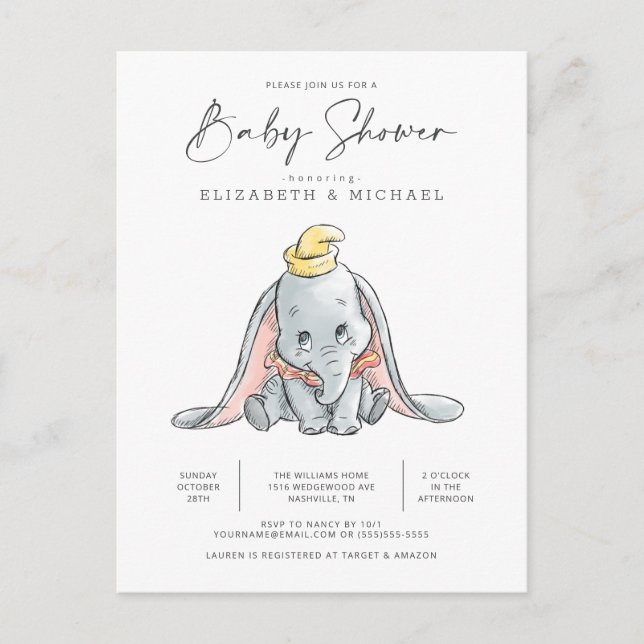 Dumbo Watercolor Baby Shower Postcard (Front)