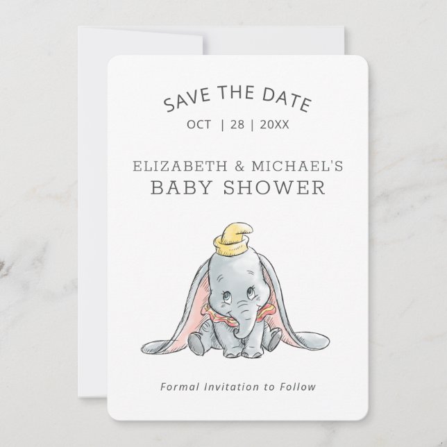 Dumbo Watercolor Baby Shower Save the Date (Front)