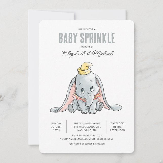 Dumbo Watercolor Baby Sprinkle Invitation (Front)