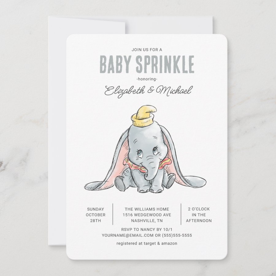 Dumbo Watercolor Baby Sprinkle Invitation