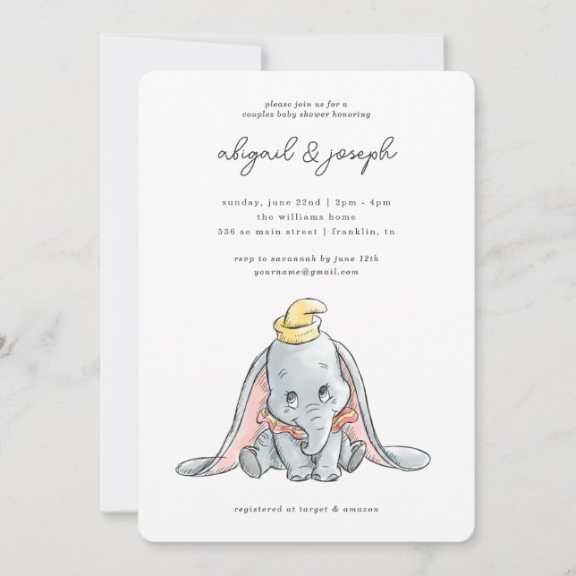 Dumbo Watercolor Couples Baby Shower Invitation (Front)