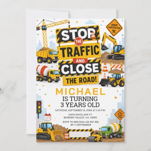 Dump Construction Stop the Traffic Work birthday  Invitation
