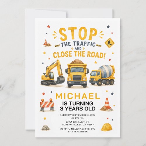 Dump Construction Stop the Traffic Work birthday Invitation