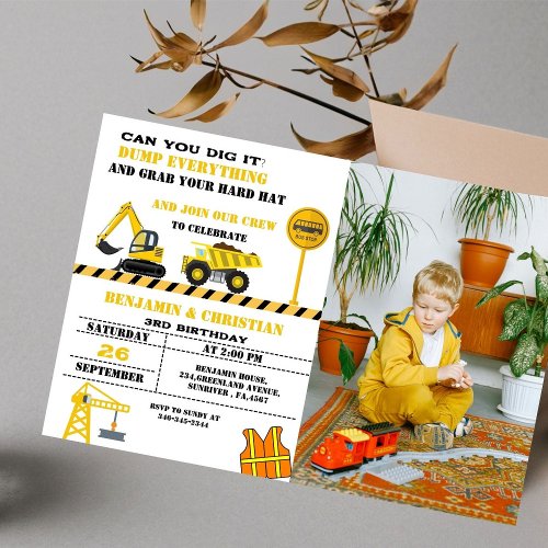 Dump Cruck construction Transportation Birthday Invitation