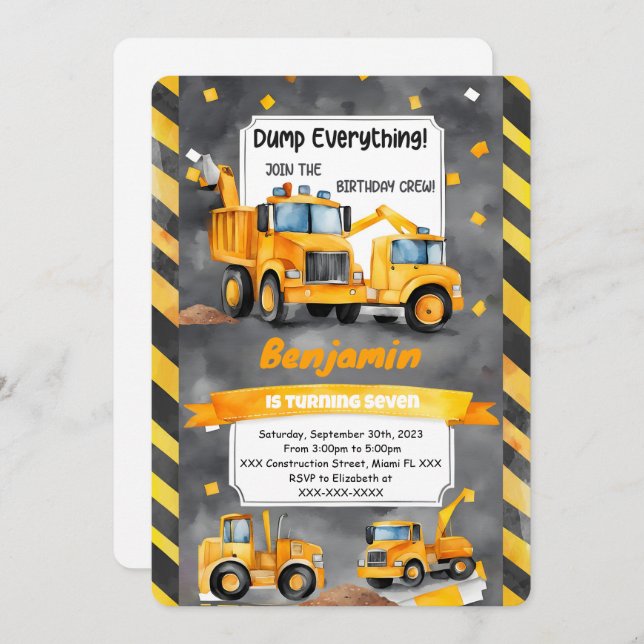Dump Every Thing it's Construction Birthday Invitation (Front/Back)