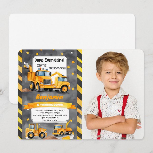 Dump Every Thing it's Construction Birthday Photo Invitation (Front/Back)