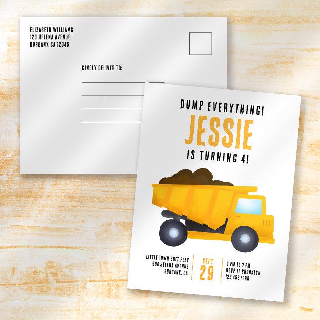Dump Everything! Construction Birthday Invitation Postcard (Creator Uploaded)