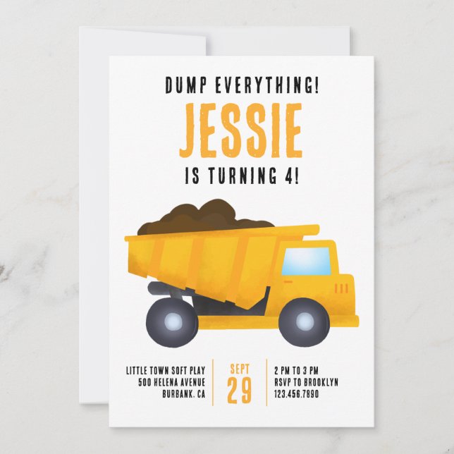 Dump Everything! Construction Birthday Party Invitation