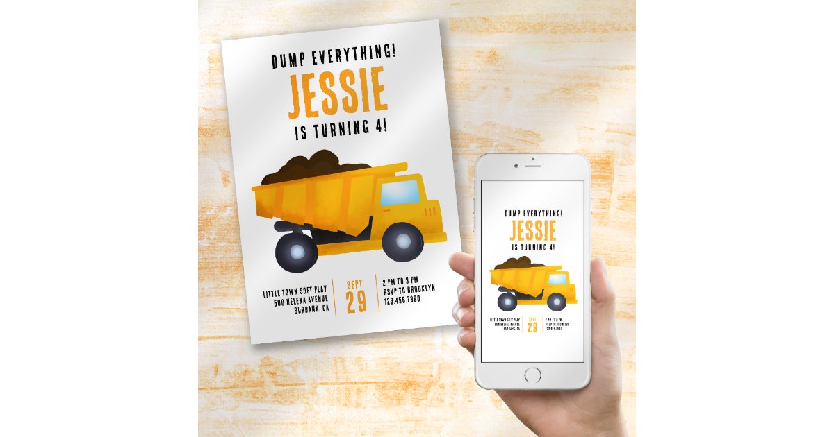 Dump Everything! Construction Birthday Party Invitation