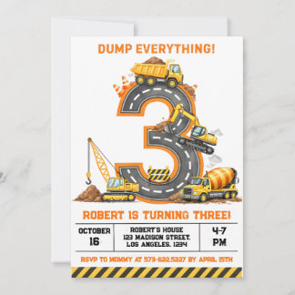 Dump Everything Construction Truck 3rd Birthday Invitation