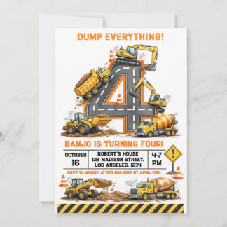 Dump Everything Construction Truck 4th Birthday Invitation