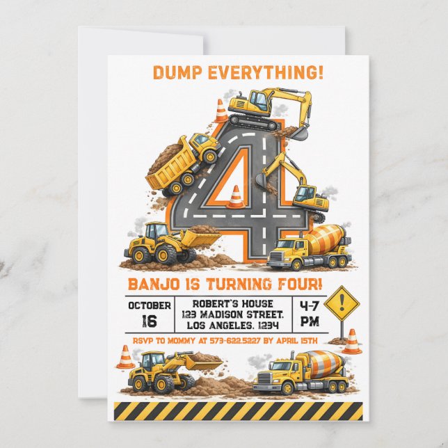Dump Everything Construction Truck 4th Birthday Invitation (Front)