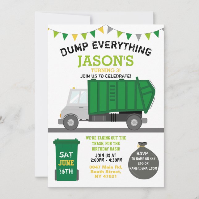 Dump Everything Fun Rubbish Truck Birthday Invitat Invitation (Front)