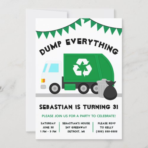 Dump Everything Garbage Recycling Truck Birthday Invitation