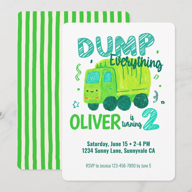 Dump Everything Garbage Truck Birthday Boy Two 2  Invitation (Front/Back)