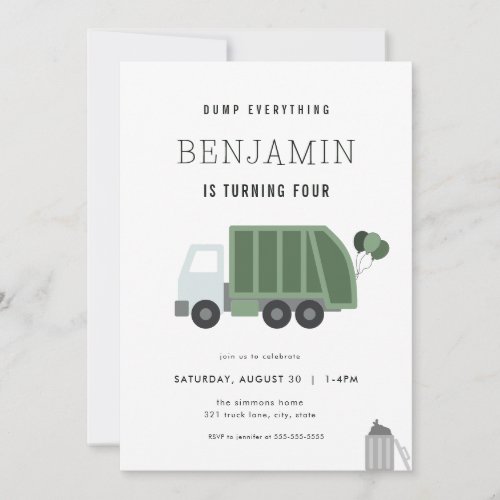 Dump Everything Garbage Truck Birthday Invitation