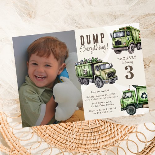 Dump Everything! Garbage Truck Kids Photo Birthday Invitation