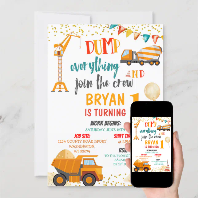 Dump everything join the crew birthday invitation | Zazzle