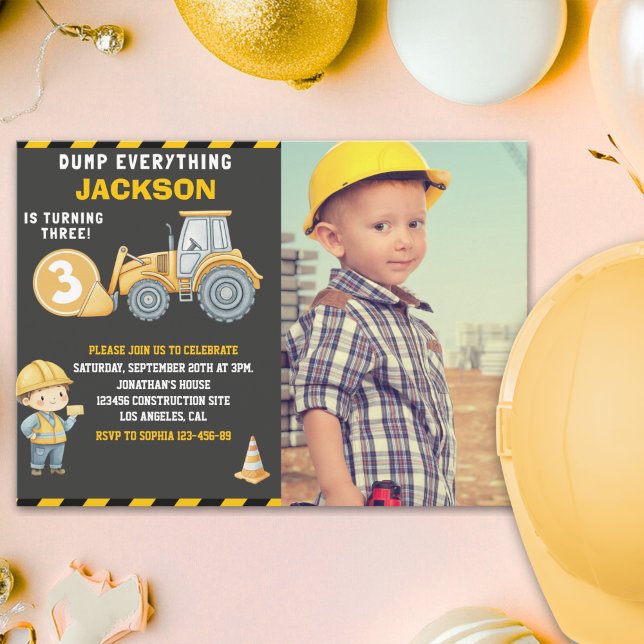 "DUMP EVERYTHING! Photo –Construction 3rd Birthday Invitation (Creator Uploaded)